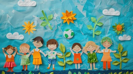 Earth themed paper applique with children and sprout on blue background for Earth related events