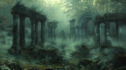 Ancient stone columns in a foggy forest.