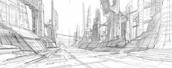 An architectural sketch of a futuristic cityscape, featuring towering buildings with innovative designs and curved lines. The white background accentuates the sharp, imaginative elements of the