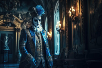 Man wearing colorful Venetian mask and costume. 