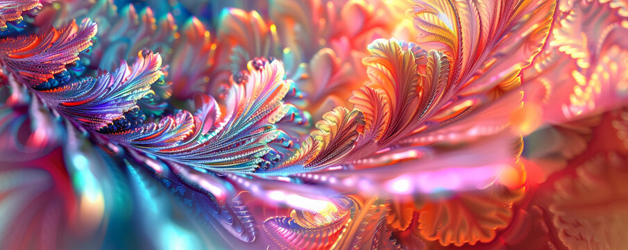 Abstract iridescent background design, 3d render, showcasing an intricate, fractal pattern. The iridescent surfaces shimmer with a rainbow of colors, creating a hypnotic and complex visual effect.