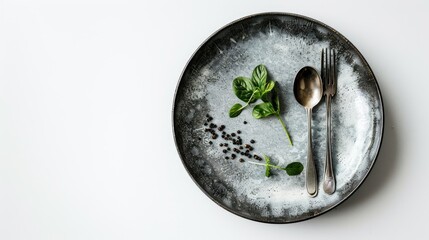 Asymmetric circular dark dish with silver cutlery on a white backdrop