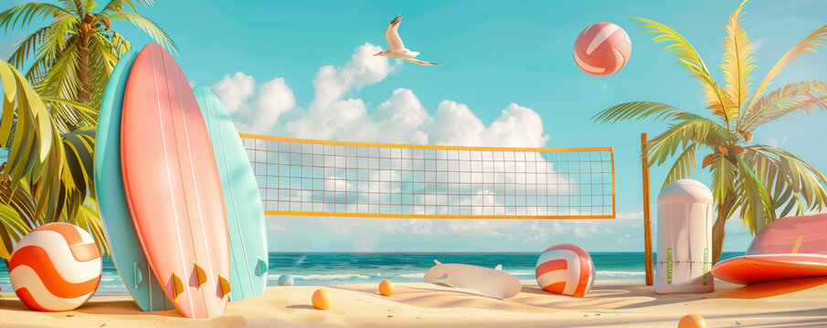 A sporty beach podium with a volleyball net, surfboards, and athletic gear. Use bold, dynamic colors and textures to convey energy and movement.