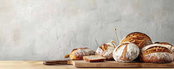 An assortment of freshly baked bread with a cutting board and knife on a wooden table. The background is a plain, light-colored wall, offering a clean space for copy.