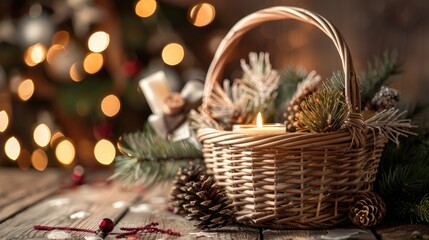 Festive Christmas Decor with Wicker Basket and Candle on Wooden Table - Powered by Adobe