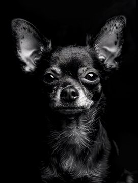 Ripresa frontale di un cane Chihuahua. Foto in bianco e nero