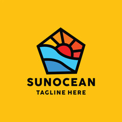 Ocean Logo Colorful Vector, Monoline Sun Icon Symbol, Wave Creative Vintage Graphic Design