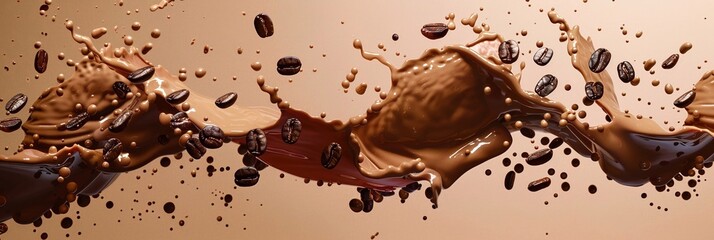 Obraz premium Caffè e chicchi di caffè spruzzati su sfondo beige