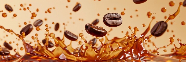 Fototapeta premium Caffè e chicchi di caffè spruzzati su sfondo beige