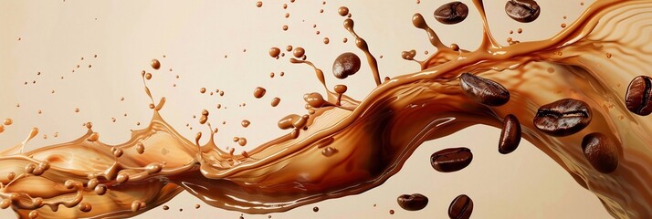 Fototapeta premium Caffè e chicchi di caffè spruzzati su sfondo beige