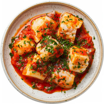 A plate of Spanish bacalao a la vizca&Atilde;&shy;na, codfish in a rich tomato and red pepper sauce, garnished with chopped parsley, isolated on white background.
