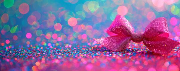 A playful hot pink ribbon bow on a multicolored glitter background. The vibrant colors and sparkling texture create a fun and energetic feel.