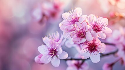 Obraz premium Pink flowers on cherry tree branches blooming in spring background