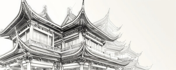 An architectural sketch of a traditional Chinese pagoda, with layered roofs, intricate woodwork, and curved eaves. The white background highlights the cultural and historical significance of the