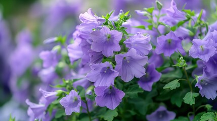 Gentle bellflowers bunch in summer garden closeup image. Beautiful windflowers blooming in wild wood close up photography. Harebells flowers cultivation concept photo realistic
