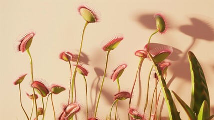 Exotic venus fly trap casting shadows on wall photo. Insectivorous plant from tropical wetlands image background wallpaper. Dionaea muscipula houseplant concept picture realistic
