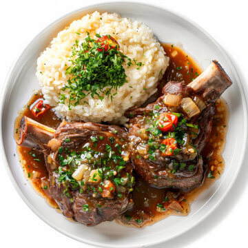 A plate of Italian osso buco, braised veal shanks served with gremolata and a side of risotto, isolated on white background.