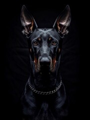 Ripresa frontale di un cane Doberman. Elegante sfondo nero