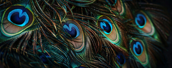 An artistic arrangement of peacock feathers with their iridescent blue and green eyespots, set against a dark background. The rich colors and intricate details create a captivating scene.
