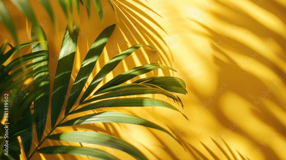 Wall mural green tropical leaf shadow on yellow background with palm tree leaf summer concept