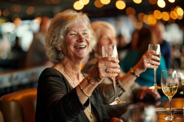 senior caucasian women in their 60s drinking wine or champagne at restaurant or hotel bar general view, girls night out party
