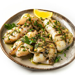 A plate of Spanish sepia a la plancha, grilled cuttlefish seasoned with garlic and parsley, garnished with lemon wedges, isolated on white background.