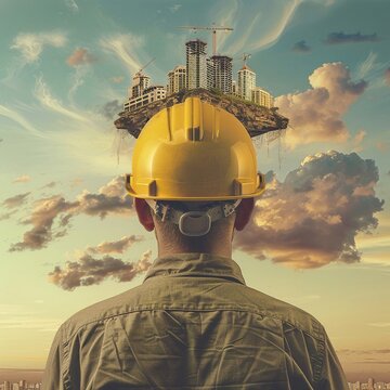 Ingegnere che indossa un elmo giallo con edifici e un cantiere in cima all'elmo in testa.
