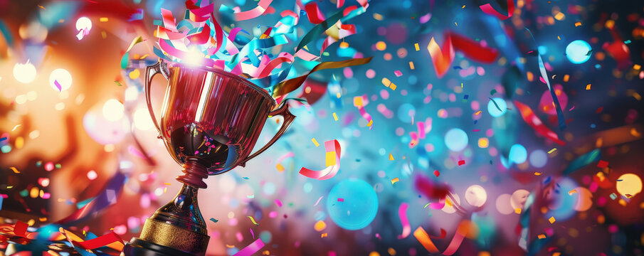 A trophy cup with confetti and streamers exploding around it, set against a backdrop of bright lights and a cheering crowd. The celebration theme is energetic and festive.