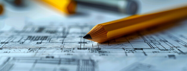 a wide angled horizontal macro closeup photo of yellow color drawing pencil on an architectural blueprint plan drawing on a table 