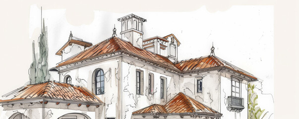 An architectural sketch of a traditional Italian villa, with terracotta roofs, arched windows, and a rustic charm. The white background highlights the elegance and timeless appeal of the architecture.