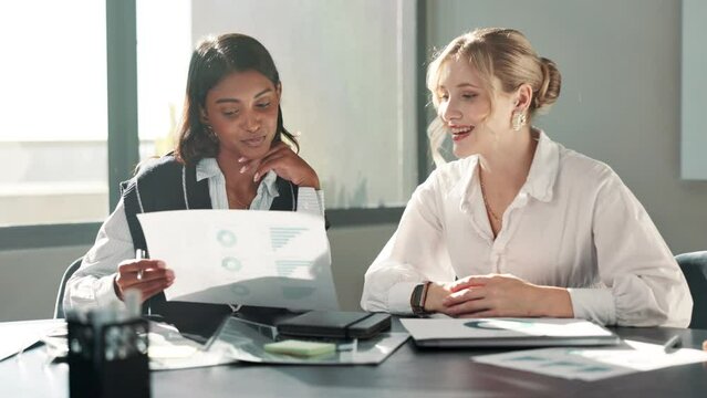 Business people, women and documents for planning, teamwork and chats for financial income. Review growth, consultant and broker with report, meeting and paperwork with proposal and collaboration