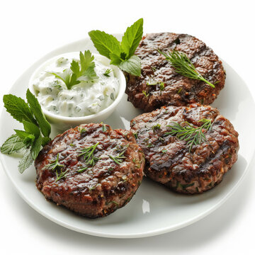 A serving of Greek bifteki, grilled meat patties with herbs and spices, served with a side of tzatziki, isolated on white background.
