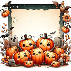 Fototapeta premium A group of friendly pumpkins with cute faces, sitting together in a cozy pumpkin patch with some spooky, but happy, elements around. 