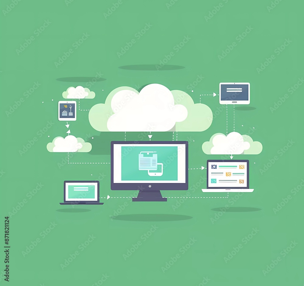 Poster vector flat style web design cloud with devices connected to it in the style of vector illustration,