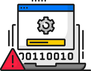 Laptop system software update error color line icon. PC application develop, computer software update or phone system service download line vector icon with laptop, cogwheel and exclamation mark