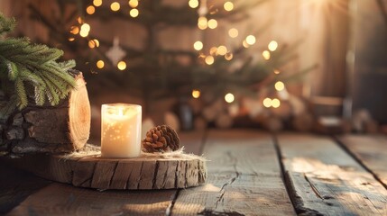 Festive setup with candle wooden table and tree log
