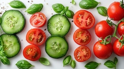 Naklejka premium Fresh Cucumber and Tomato Slices with Basil Leaves