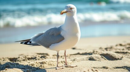Obraz premium Close up of seagull on sandy beach
