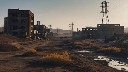 Post apocalyptic image of desert city wasteland with abandoned and destroyed buildings, war
