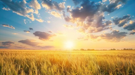 Sunset over wheat field with blue sky and clouds Ample space for text