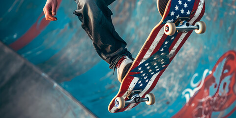 A skateboarder performing tricks with an American flag skateboard.


