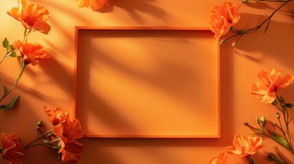 Obraz premium Simple background for branding and product showcase with orange flowers and empty frame on orange paper with bright light and shadows