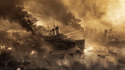 A dramatic scene of a ship amidst a fiery, apocalyptic cityscape.