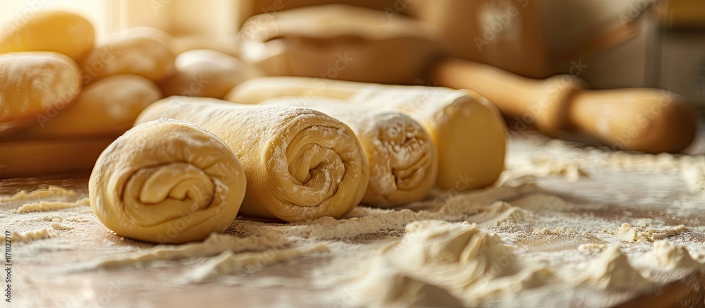 Poster Baking dough rolled and shaped into cakes on a tabletop. Background with copy space image.