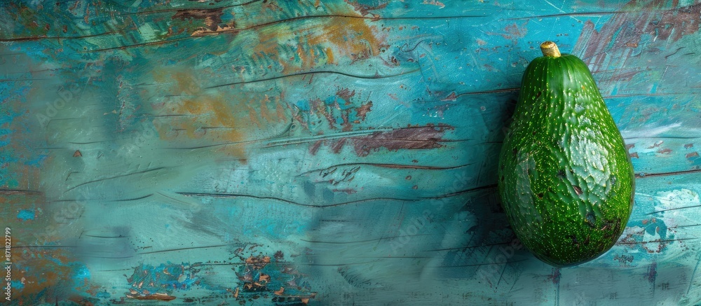 Aufkleber avocado positioned on a blue wooden backdrop with space for text or design.