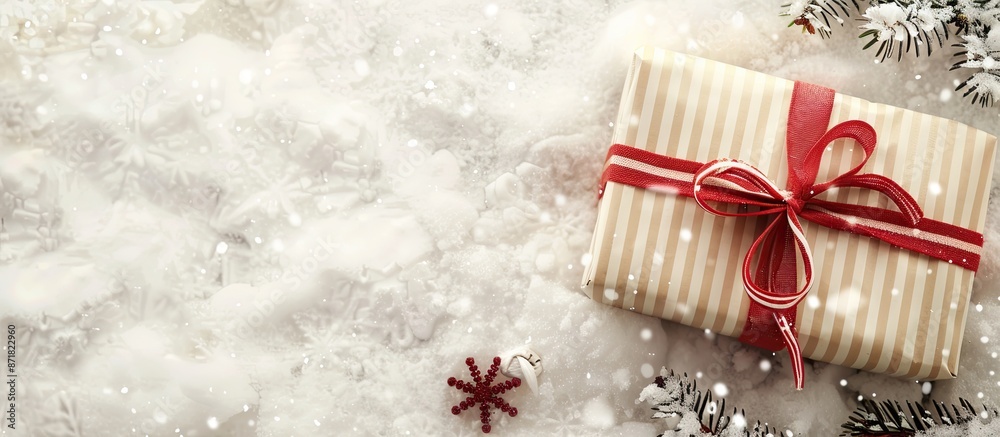 Poster top view composition with a striped gift box on a holiday greeting card featuring a merry christmas 