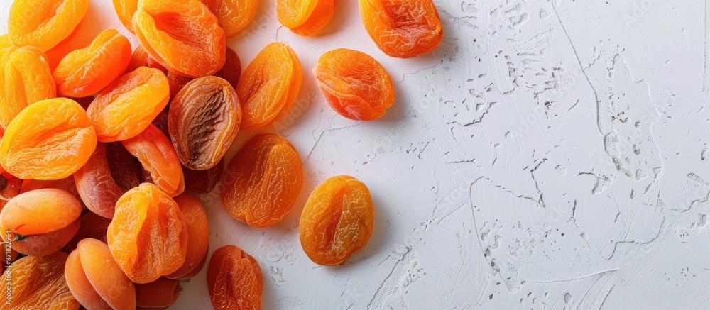 Poster Top-down view of rich dark dried apricots on a white backdrop with copy space image.