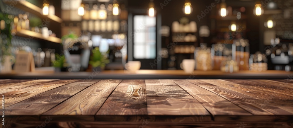 Poster Blurred background of a coffee shop restaurant against a focused empty brown wooden table intended for product display or photomontage with copy space image.