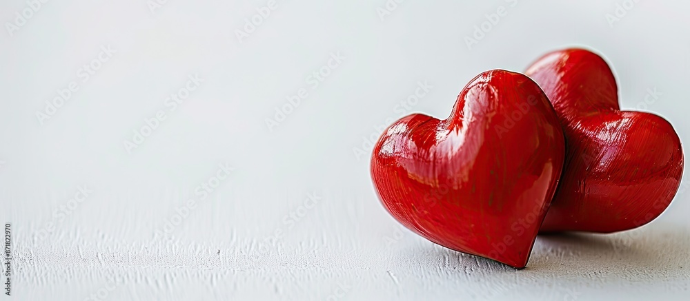 Poster two red hearts displayed on a white background with copy space image.