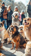 A group of dogs sit patiently in a row, their owners in the background.